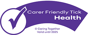 Logo which reads Carer Friendly Health - Caring Together - valid until 2025